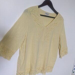 Norm Thompson Women's Yellow Crocheted Linen Tunic Size Petite Large